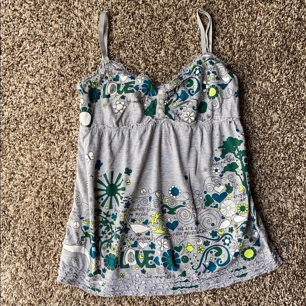 Pacsun Grayish Hippie Flower Power Babydoll Top